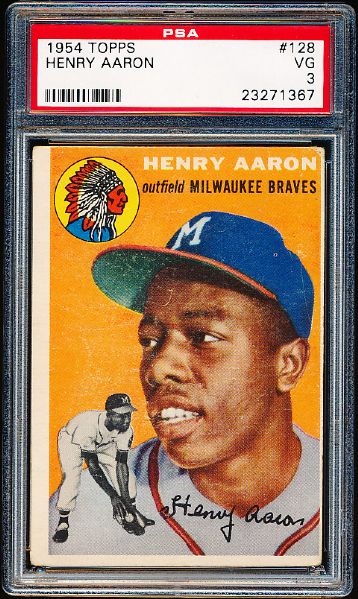 1954 Topps Baseball- #128 Hank Aaron, Braves- Rookie! – PSA Vg 3 