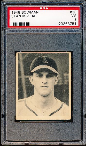 1948 Bowman Baseball- #36 Stan Musial, Cardinals- PSA Vg 3 – Rookie! 