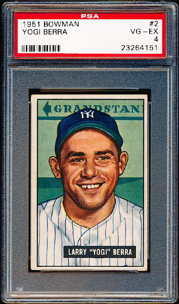 1951 Bowman Baseball- #2 Yogi Berra, Yankees- PSA Vg-Ex 4 