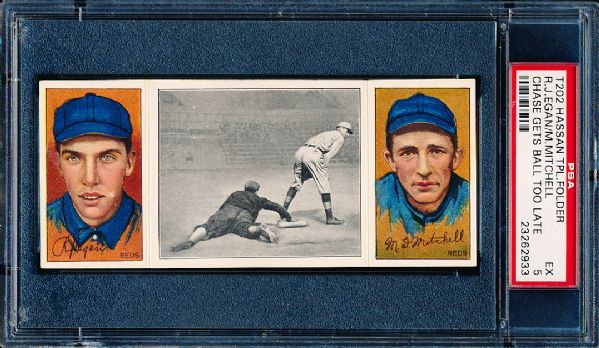 1912 T202 Hassan Triple Folder- “Chase Gets Ball Too Late”-  Egan  /Mitchell   - PSA Ex 5 