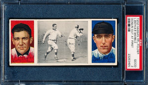 1912 T202 Hassan Triple Folder- “Donlin Out at First”- Doyle/Merkle –PSA Good 2 