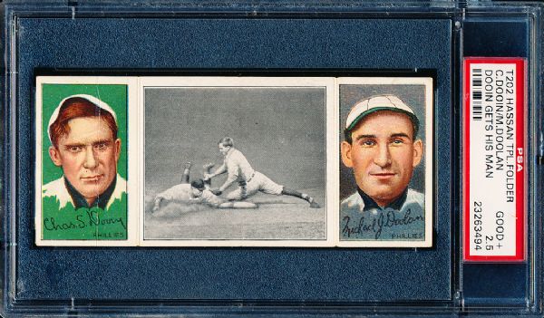 1912 T202 Hassan Triple Folder- “Dooin Gets His Man”- Doolan/Dooin- PSA Good + 2.5