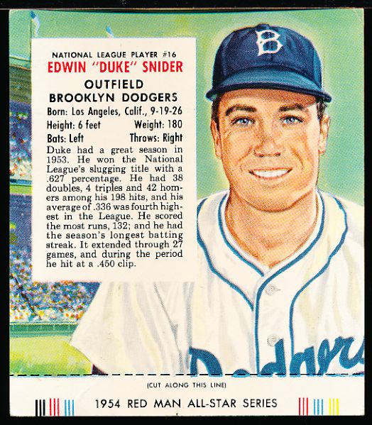 1954 Red Man Bb- With Tab- #NL 16 Duke Snider, Dodgers