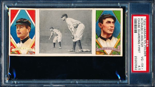 1912 T202 Hassan Triple Folder- “Chase Guarding First”- Chase/Wolter- PSA Vg-Ex+ 4.5