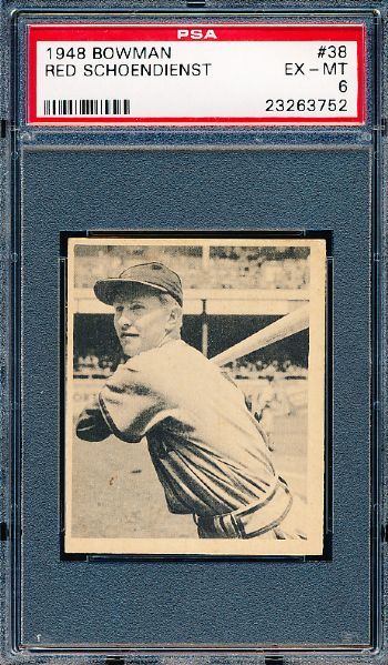 1948 Bowman Baseball- #38 Red Schoendienst, Cardinals- PSA Ex-Mt 6 