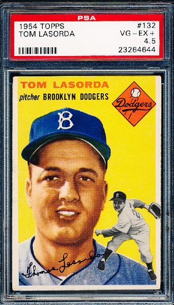 1954 Topps Baseball- #132 Tommy LaSorda, Dodgers- PSA Vg-Ex+ 4.5- Rookie! 