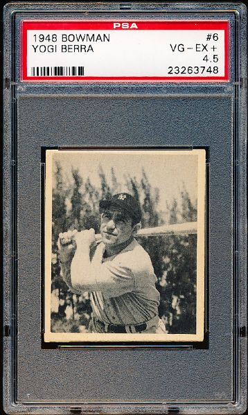 1948 Bowman Baseball- #6 Yogi Berra, Yankees- PSA Vg-Ex+ 4.5 – Rookie! 