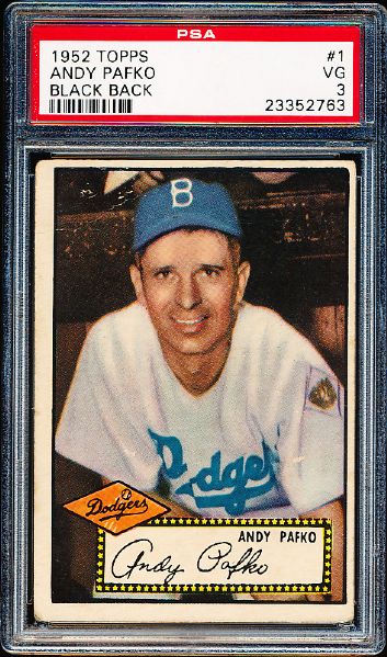 1952 Topps Baseball- #1 Andy Pafko, Dodgers- PSA VG 3 – Black back.