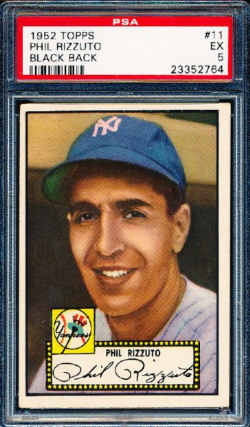 1952 Topps Baseball- #11 Phil Rizzuto, Yankees- PSA Ex 5 – Black back