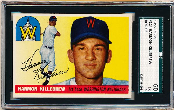 1955 Topps Baseball- #124 Harmon Killebrew, Washington- SGC 60 (Ex 5)- Rookie!