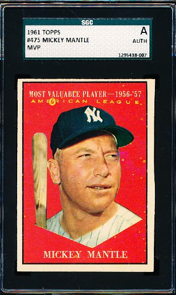 1961 Topps Baseball- #475 Mickey Mantle MVP- SGC A (Authentic)
