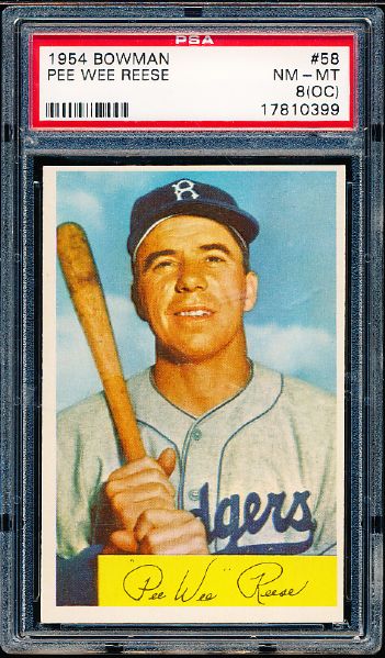 1954 Bowman Baseball- #58 Pee Wee Reese, Dodgers- PSA NrMt-Mt 8(OC) 