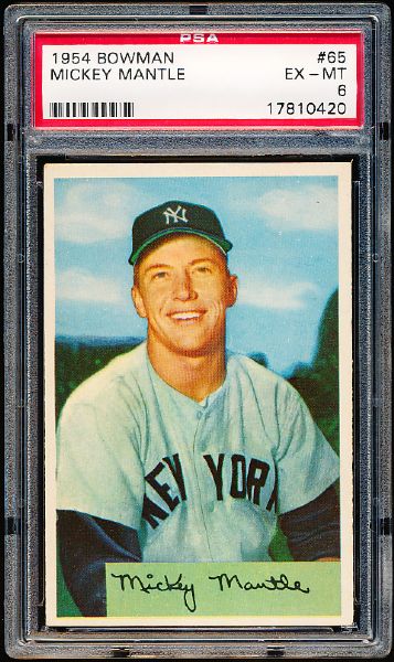1954 Bowman Baseball- #65 Mickey Mantle, Yankees- PSA Ex-Mt 6