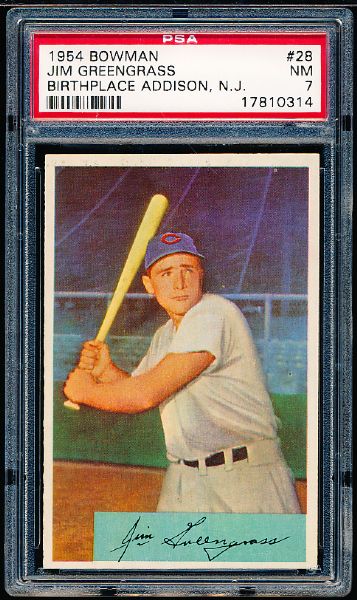 1954 Bowman Baseball- #28 Jim Greengrass, Reds (Birthplace Addison NJ) - PSA NM 7 