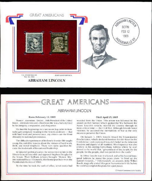 U.S. Postal Commemorative Society “Great Americans” Original & 22kt Gold Replica Stamp- Abraham Lincoln 4 Cent 5/28/66 Issue Stamp