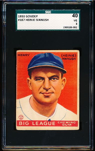 1933 Goudey Baseball- #187 Heinie Manush, Washington Senators- SGC 40 (Vg 3)