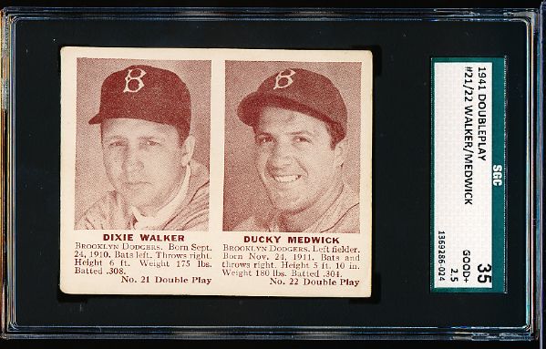 1941 Double Play Baseball- #21 Dixie Walker/#22 Ducky Medwick (Dodgers)- SGC 35 (Good+ 2.5)
