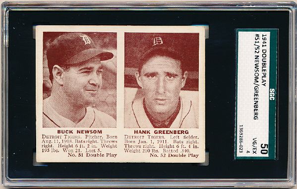 1941 Double Play Baseball- #51 Newsom/ #52 Hank Greenberg (Tigers)- SGC 50 Vg-Ex (4)