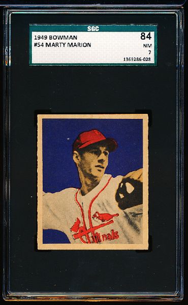 1949 Bowman Bb- #54 Marty Marion, Cardinals- SGC 84 (NM 7)- Cream colored back.