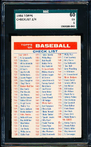 1956 Topps Baseball- Checklist #2/4- SGC 60 (Ex 5)