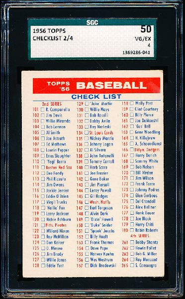 1956 Topps Baseball- Checklist #2/4- SGC 50 (Vg-Ex 4)