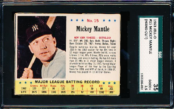 1963 Jello Baseball- #15 Mickey Mantle- SGC 35 (Good + 2.5)