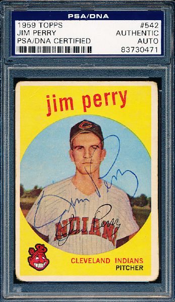 1959 Topps Bsbl. #542 Jim Perry RC, Indians- High Number, Autographed