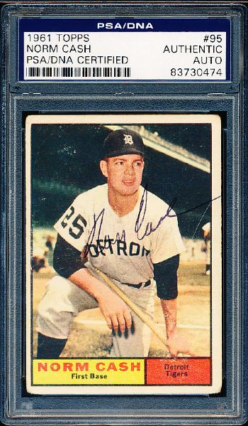 1961 Topps Bsbl. #95 Norm Cash, Tigers- Autographed- PSA/DNA Certified/ Slabbed