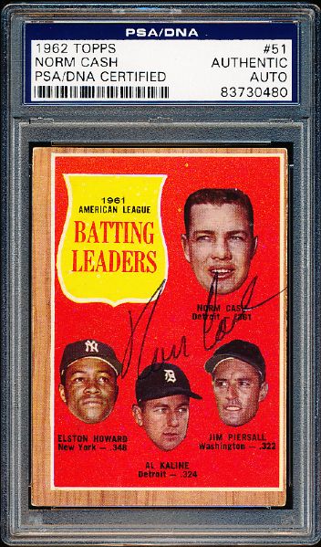 1962 Topps Bsbl. #51 AL Batting Leaders- Autographed by Norm Cash- PSA/ DNA Certified/ Slabbed