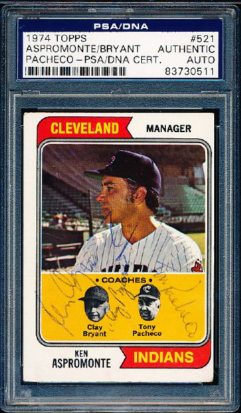 1974 Topps Bsbl. #521 Ken Aspromonte, Indians- also Autographed by Coaches Clay Bryant and Tony Pacheco