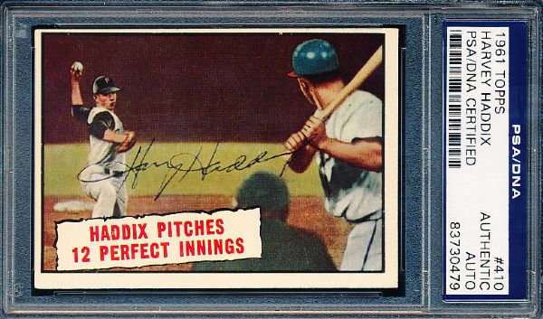 1961 Topps Bsbl. #410 Haddix Pitches 12 Perfect Innings- Autographed by Haddix- PSA/DNA Certified/Slabbed