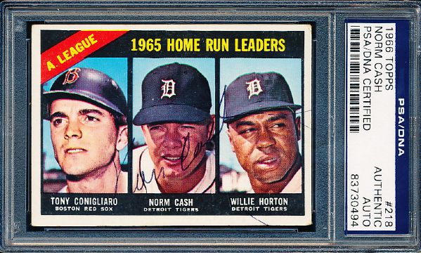 1966 Topps Bsbl. #218 AL Home Run Leaders- Autographed by Norm Cash- PSA/DNA Certified/ Slabbed