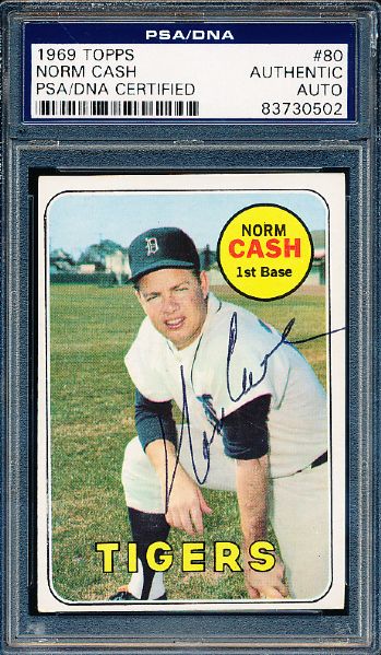 1969 Topps Bsbl. #80 Norm Cash, Tigers- Autographed- PSA/DNA Certified/ Slabbed