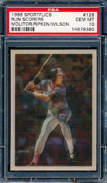 1986 Sportflics Baseball- #128 Cal Ripken Jr./ Molitor/ Wilson- PSA Gem Mint 10