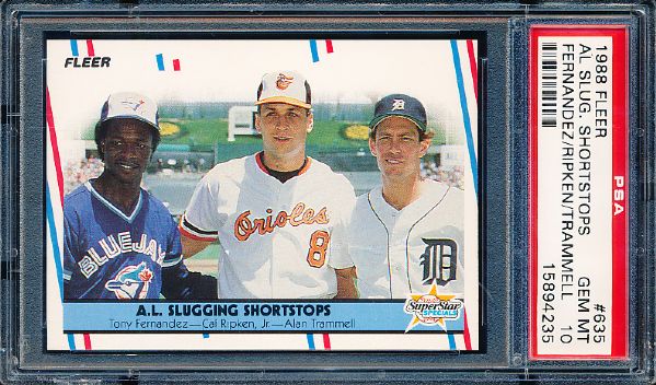 1988 Fleer Baseball- #635 AL Slugging Shortstops- Cal Ripken Jr./ Alan Trammell/ Fernandez- PSA Gem Mint 10 