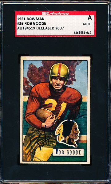 1951 Bowman Football- #36 Rob Goode, Redskins- Autographed Card- SGC Certified Authentic