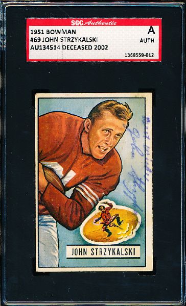 1951 Bowman Football- #69 John Strzykalski, 49ers- Autographed Card- SGC Certified Authentic