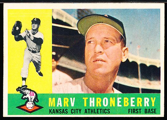 1960 Topps Bsbl. #436 Marv Throneberry, Athletics- Bright White Back Variation