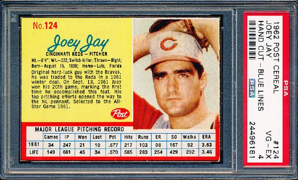 1962 Post Cereal Baseball- #124 Joey Jay- Blue Lines version- PSA Vg-Ex 4 