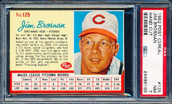 1962 Post Cereal Baseball- #125 Jim Brosnan, Reds- PSA NM 7