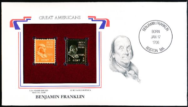 U.S. Postal Commemorative Society “Great Americans” Original & 22kt Gold Replica Stamp- Benjamin Franklin ½ Cent 5/19/38 Issue Stamp