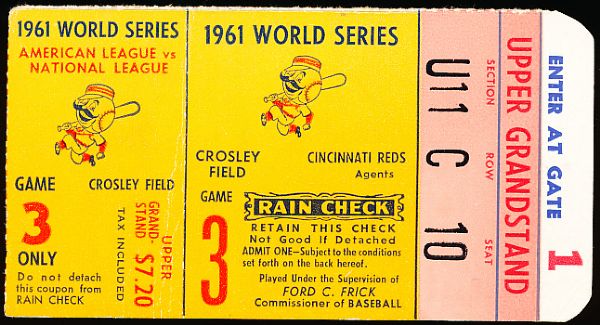 October 7, 1961 New York Yankees @ Cincinnati Reds MLB World Series Game 3 Ticket Stub- Roger Maris HR!