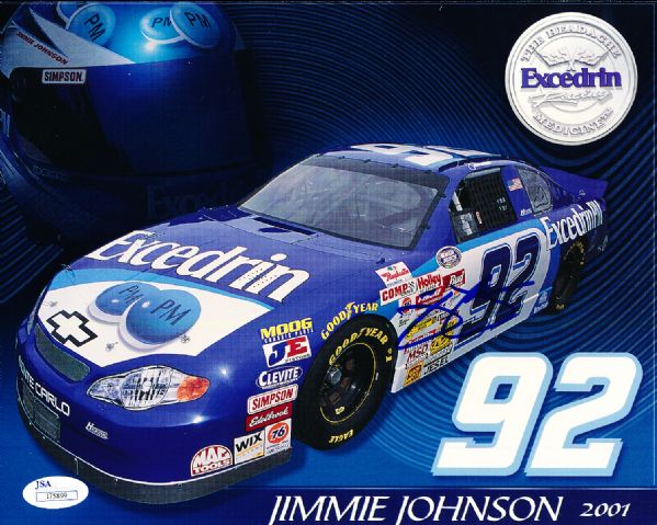 2001 Excedrin NASCAR Busch Racing #92 Jimmy Johnson Autographed Color 8” x 10” Handout- JSA Certified
