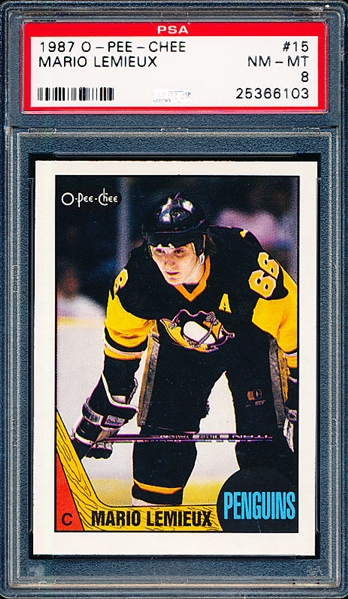 1987-88 O-Pee-Chee Hockey- #15 Mario LeMieux, Penguins- PSA Nm-Mt 8 