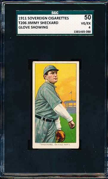1909-11 T206 Baseball- Jimmy Sheckard, Chicago Natl- SGC 50 (Vg-Ex 4)- Glove Showing Version