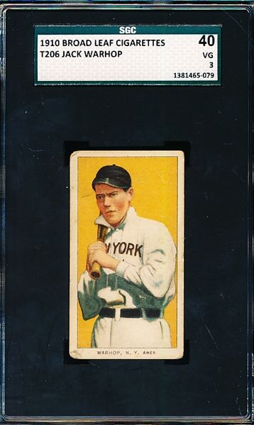 1909-11 T206 Baseball- Jack Warhop, N.Y. Amer- SGC 40 (Vg 3)- Broad Leaf 350 Back!- Only One Ever Graded by SGC! 