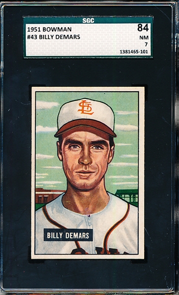 1951 Bowman Baseball- #43 Billy DeMars, St. Louis Browns- SGC 84 (Nm 7)