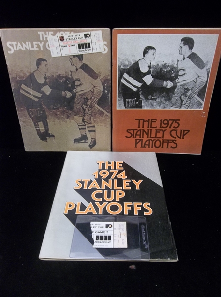1974 and 1975 Philadelphia Flyers Stanley Cup Programs and Ticket Stubs- 5 Items