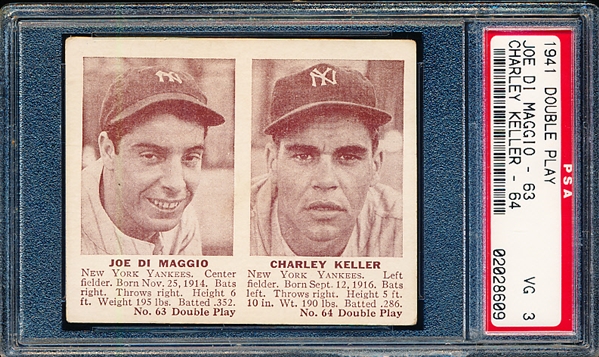 1941 Double Play Baseball- #63 Joe DiMaggio/ #64 Charley Keller (Yankees)- PSA Vg 3 