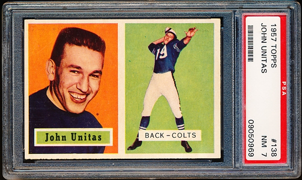 1957 Topps Football- #138 John Unitas, Colts- Rookie! – PSA NM 7 